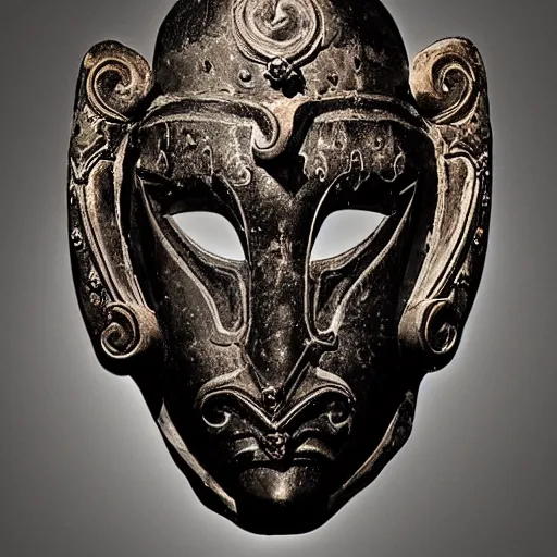 Image similar to an ominous dark ancient mask. gothic baroque. symmetric. epic.