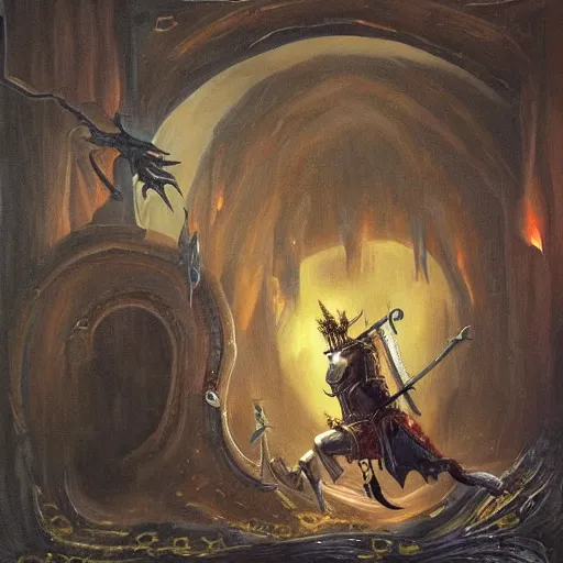 Image similar to arrogant knight casually pokes his sword into the abyssal portal, only to be met with unimaginable horrors from beyond, dark fantasy, oil painting, high detail