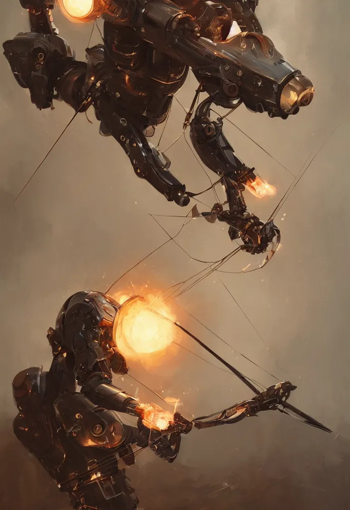 Image similar to a fancy portrait of a robotic archer by greg rutkowski, sung choi, mitchell mohrhauser, maciej kuciara, johnson ting, maxim verehin, peter konig, 8 k photorealistic, cinematic lighting, hd, high details, dramatic, dark atmosphere, trending on artstation