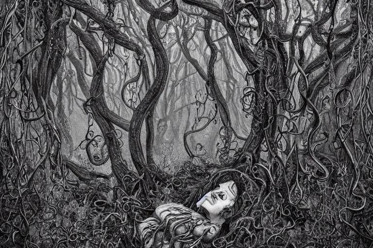 Image similar to an eerie insanely detailed forest of the soul, eyes of strange creatures hiding in the dark waiting to devour, snakes and vines and cobwebs and old trees, a glimpse of hope, ink and ballpoint, inspired by claire scully and evan cagle and simon prades