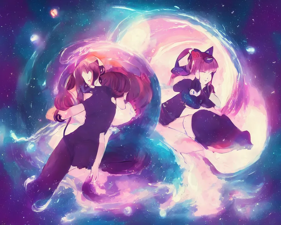 Prompt: beautiful whimsical women with cat ears and a tail standing under the stars, under a multi-colored binary blackhole with an accretion disc, casting magic, glowing trails following her arms, wearing professional makeup, anime, by Lois van Baarle, by Greg Rutkowski, by artgerm, by beeple, by studio ghibli, cinematic angle, volumetric lighting, 4k resolution, octane render, trending on artstation, masterpiece