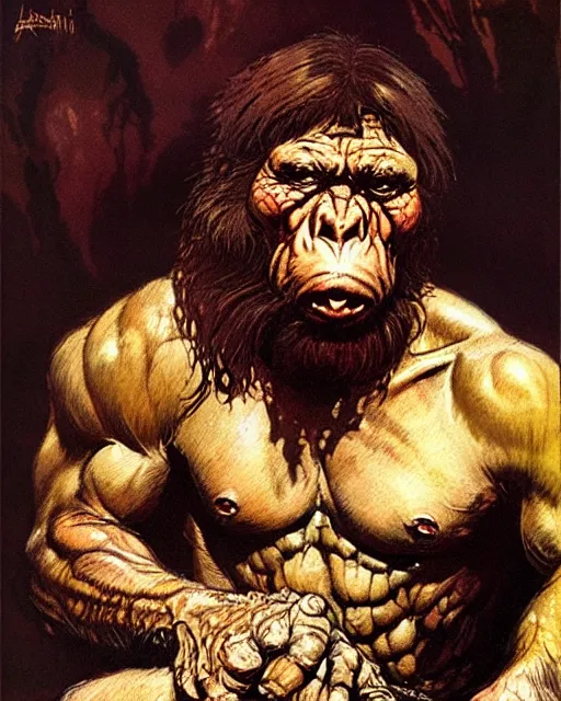 Prompt: neanderthal read science book about him, character portrait, portrait, close up, concept art, intricate details, highly detailed, in the style of frank frazetta, esteban maroto, richard corben, pepe moreno, matt howarth, stefano tamburini, tanino liberatore, luis royo and alex ebel