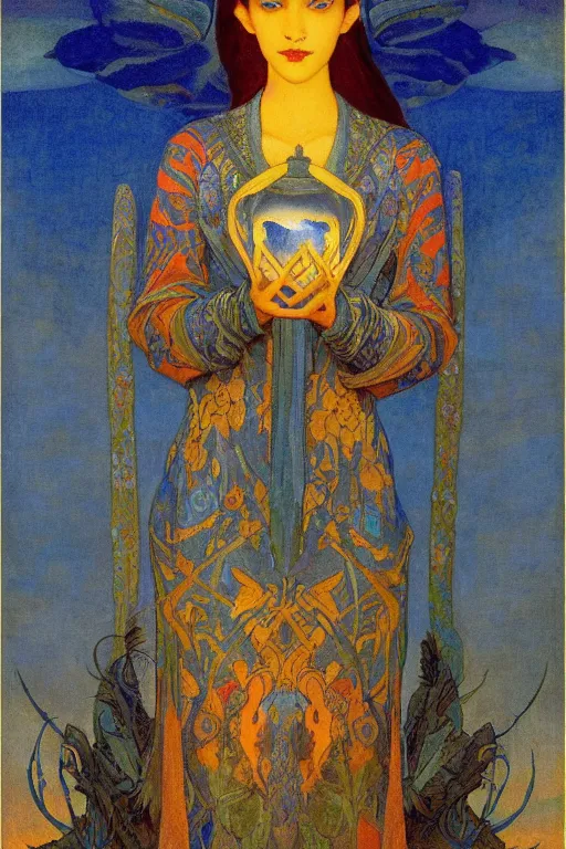 Prompt: queen of the dawn with her lantern and birds, by Nicholas Roerich and jean delville and Annie Swynnerton, elaborate headdress and embroidered velvet, iridescent beetles, rich color, dramatic cinematic lighting, extremely detailed