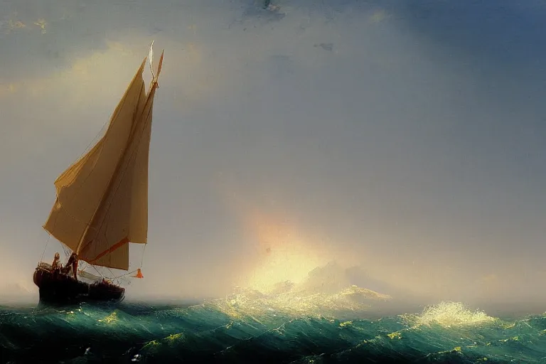 Image similar to a painting of a sailboat in the ocean by ivan aivazovsky, deviantart, american scene painting, matte painting, oil on canvas, deviantart