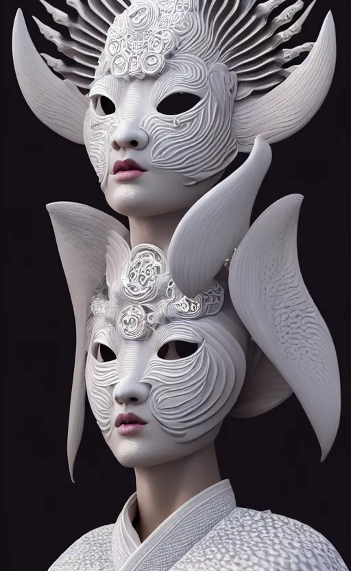 Image similar to 3 d goddess close - up profile portrait. beautiful intricate highly detailed korean gumiho mask and traditional hanbok. stingray, magpie, bio luminescent, plasma, ice, water, wind, creature, artwork by tooth wu and wlop and beeple and greg rutkowski, octane 3 d render