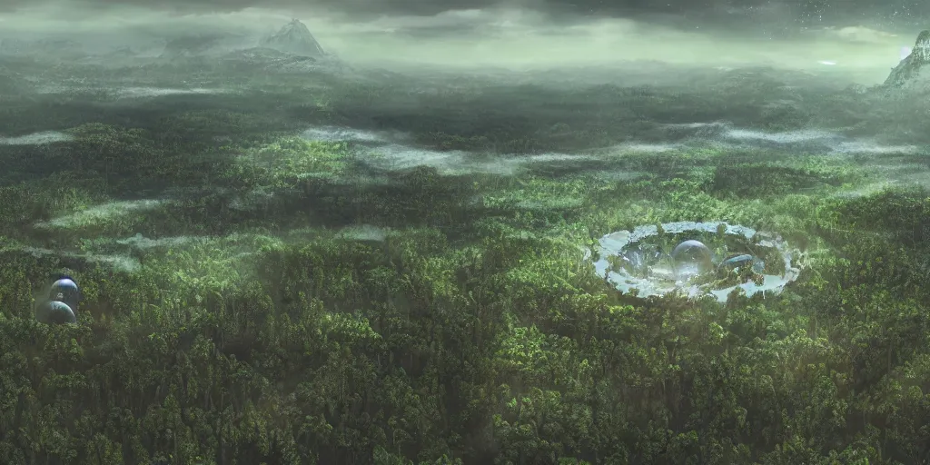 Prompt: a small colony, plain surrounded by forest, sci-fi, alien planet, view from above, cinematic, matte painting, detailed