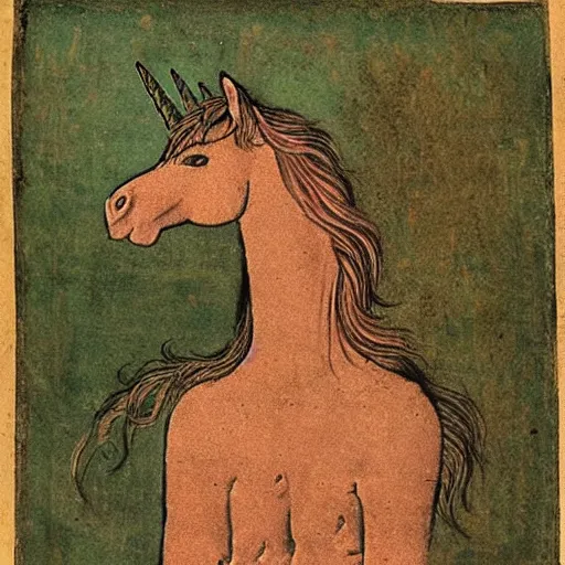 Prompt: unicorn portrait as a medieval gravure