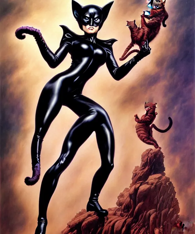 Image similar to cat woman from batman in the style of boris vallejo, hajime sorayama, peter mohrbacher, wayne barlowe, gustav moreau, bussiere, roberto ferri, santiago caruso, luis ricardo falero, austin osman spare, dali