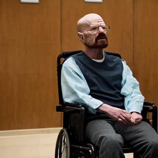 Image similar to walter white wears oxygen mask on face. he sits in a wheelchair in a courtroom. cinematic lighting