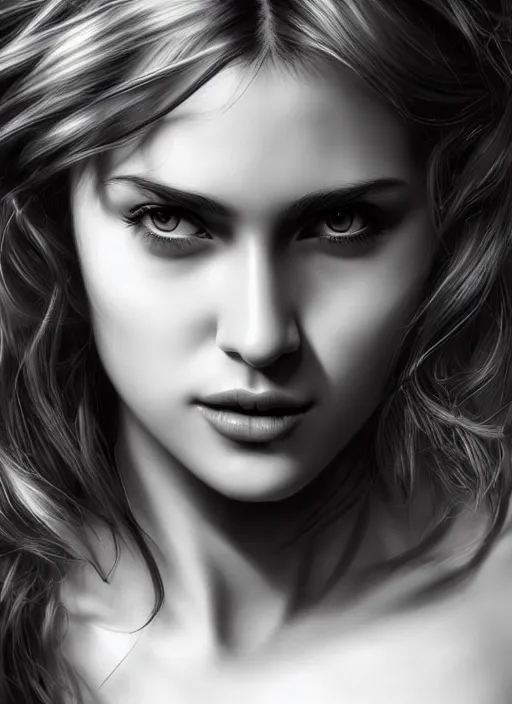 Image similar to up close portrait of a beautiful woman in black and white, photorealistic, intricate hair, art by diego fazio and diegoKoi and oscar Ukono, concept art, sharp focus, artgerm, 8k highly detailed