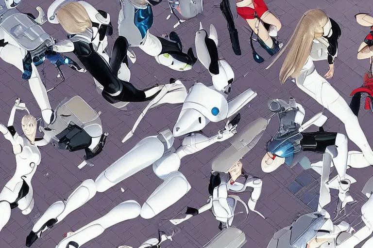 Image similar to a nice illustration of a group of female androids' lying scattered over an abstract, empty, white floor, by masamune shirow, hajime sorayama and katsuhiro otomo, view from above