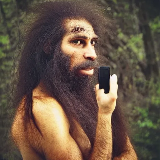 Image similar to “ a primitive pre human woman Neanderthal ,hairy body, posing for a photo with an iPhone in a trending fashion way, anthropology photography, National Geographic ”