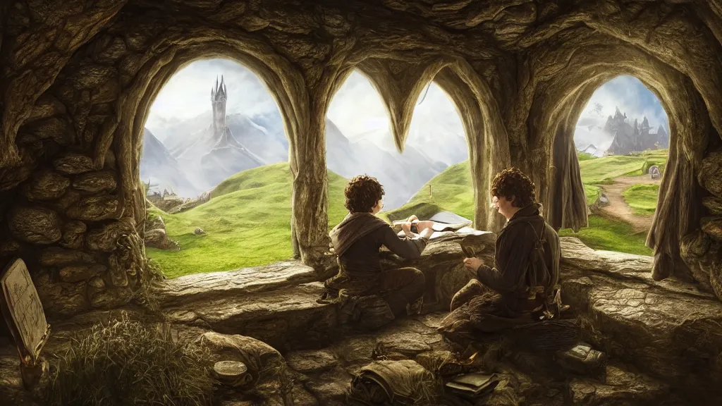 Image similar to frodo writing in his journal in bag end at the end of his journey, hobbiton visible through a window, by alan lee, michal karcz, smooth details, lord of the rings, game of thrones, smooth, detailed terrain, oil painting, trending artstation, concept art, fantasy matte painting