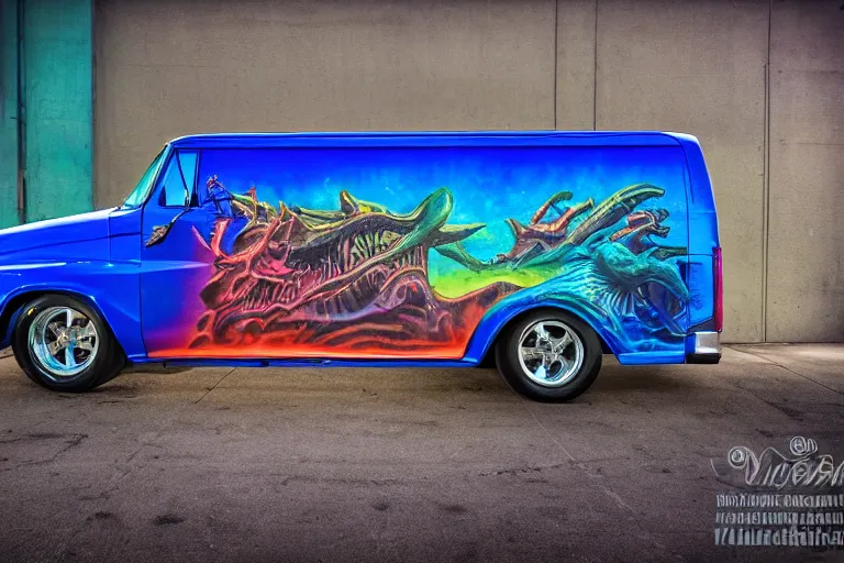 Prompt: a wide shot photo of a dark blue metallic 1 9 7 2 chevy g 1 0 panel van parked in a garage with an awesome airbrushed scene of a monster made of colorful coral reef emerging from the sea, 8 0 s synthwave, airbrushed, trapper keeper, lightning, explosions, creature design, monster, dinosaur, sony 2 4 mm f 8. 0