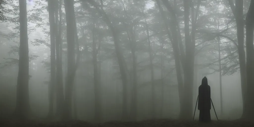 Prompt: a close shot of a grim reaper standing in a forest by studio ghibli, detailed, mythical, mist, depressing, tired, dark, lush, nature, mist, mystery, glows, somber, dismal, fog, heavy fog, dark lighting, glow, ambient light, cybernetic, sci-fi,