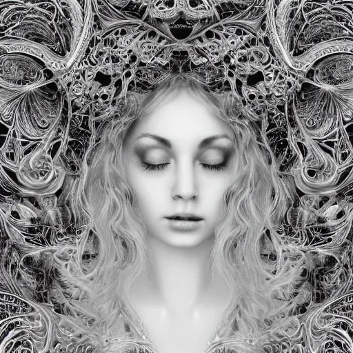 Prompt: wonderful princess of fractals, beautiful face, hyper detailed, flowing background intricate and detailed, ornate 8 k gorgeous intricate detailed, octane render,, black and white