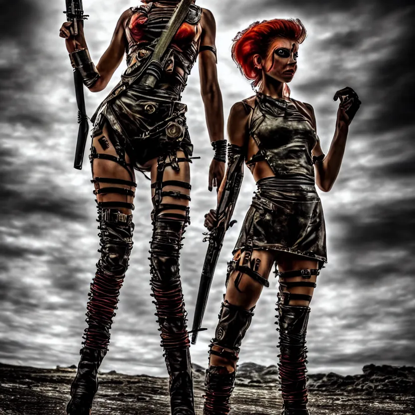 Image similar to full length photo of a very beautiful female atompunk warrior with weapons, 8 k, hdr, smooth, sharp focus, high resolution, award - winning photo