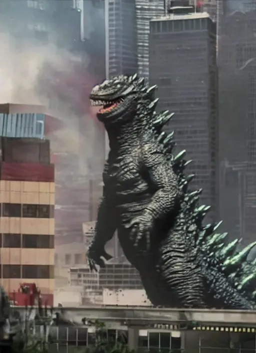 Image similar to godzilla eating a sandwich made of buildings, realistic, still shot from the new godzilla movie