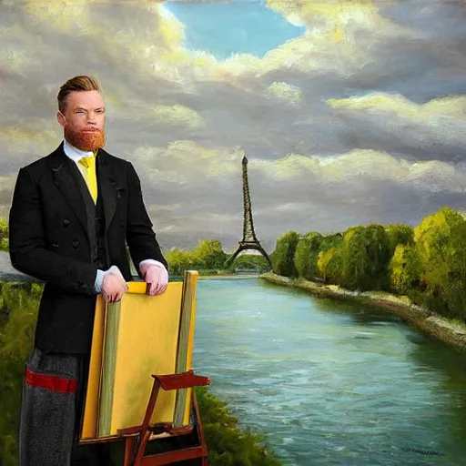 Image similar to mcgregor is dressed as a gentleman at early 2 0 th century paris. he is watching an easel. that easel has a canvas on it. ewan mcgregor has a brush on his hand. he is painting a painting. there is a small brown cat with yellow eyes on ewan mcgregors feet. on background has river seine, morning sun, dark clouds, lightning, matte painting