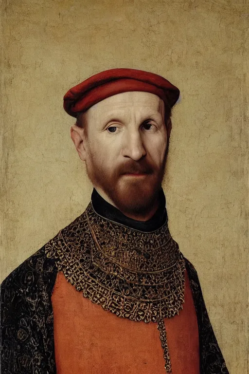 Prompt: portrait of ralph fiennes, oil painting by jan van eyck, northern renaissance art, oil on canvas, wet - on - wet technique, realistic, expressive emotions, intricate textures, illusionistic detail