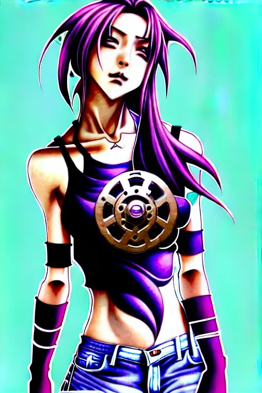 Image similar to a portrait of dilraba dilmurat as revy from black lagoon, smirk, black tank top, jean shorts, brown eyes, purple hair, tribal tattoo sleeve right arm, symmetrical eyes, symmetrical face, art by lois van baarle and loish and ross tran and rossdraws and sam yang and samdoesarts and artgerm