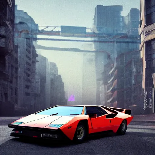 Prompt: colourful vfx art of a 1 9 8 0 lamborghini countach, art by utagawa kunisada & james jean, volumetric light, ray tracing, unreal engine, octane 3 d render, sharp, detailed, digital painting, illustration, highly detailed, intricate detail, pinterest, behance, art station,