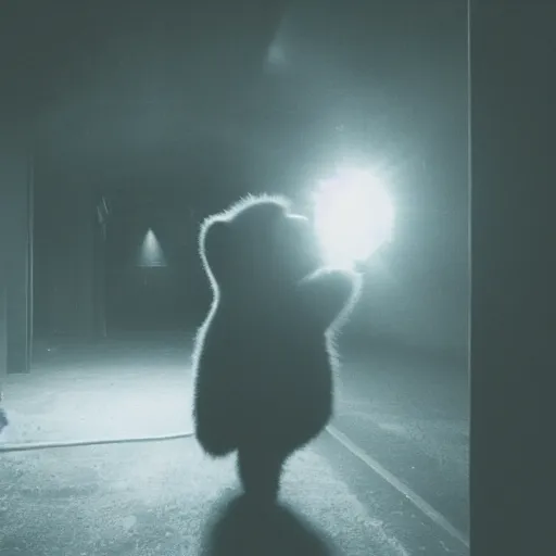 Image similar to dark photograph of a small bear character with a spotlight focused on him walking through a large wooden doorway