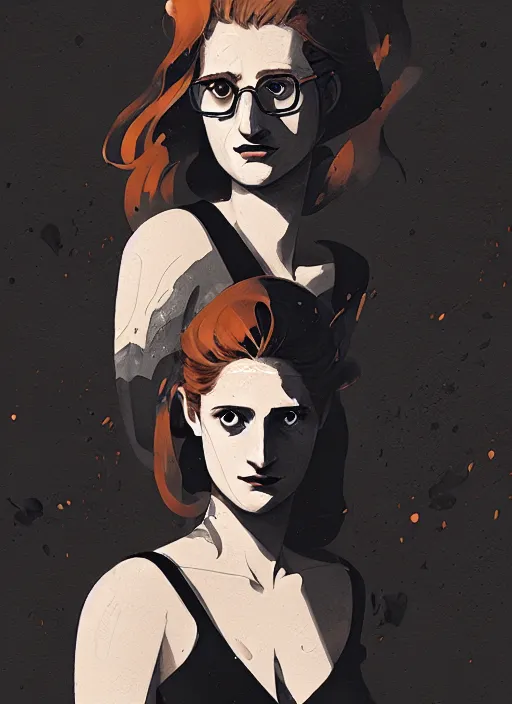 Prompt: highly detailed closeup portrait of beautiful moody grace gummer as dom dipierro, wavy ginger hair, by atey ghailan, by greg rutkowski, by greg tocchini, by james gilleard, by joe fenton, by kaethe butcher, gradient orange, black and white color scheme, grunge aesthetic!!! ( ( graffiti tag wall background ) )