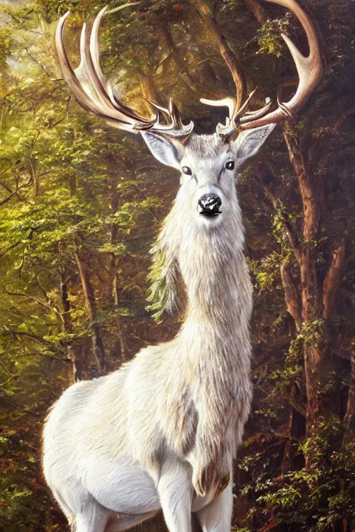 Image similar to an oil painting of the king of the forest: a white stag, beautiful, fantasy, hyper realistic, dramatic lighting