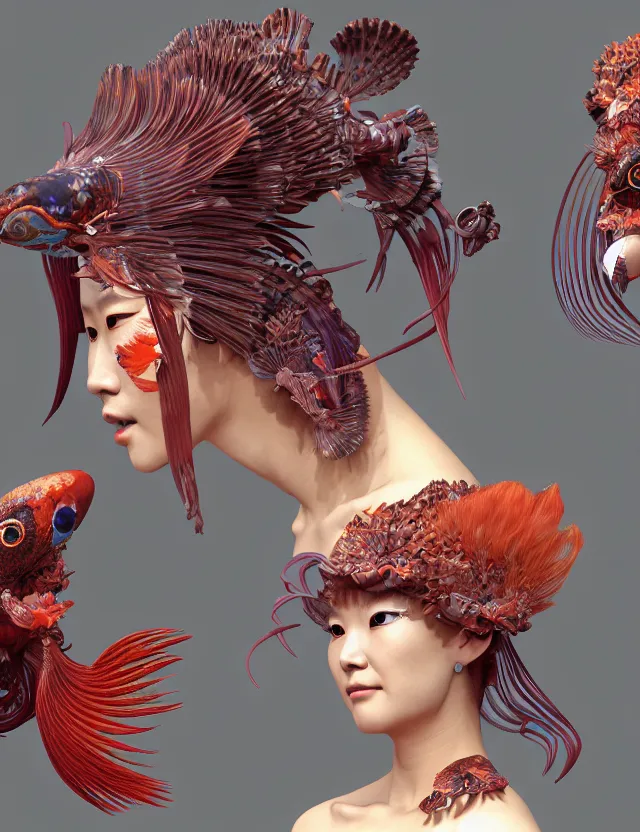 Prompt: 3 d venus goddess close - up profile portrait biomechanics. beautiful intricately detailed japanese crow kitsune mask and clasical japanese kimono. betta fish, jellyfish phoenix, bio luminescent, plasma, ice, water, wind, creature, artwork by tooth wu and wlop and beeple and greg rutkowski