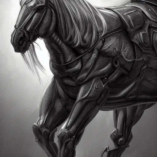 Image similar to an exaggeratedly muscular anthropomorphized horse with a magnificently muscular physique wearing a tight cybernetic armor while protecting a facility, long white mane, equine, anthro art, furaffinity, highly detailed, realistic, digital painting, artstation, sharp focus, concept art, illustration, art by artgerm, greg rutkowski, wlop