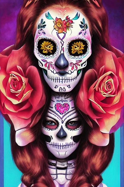 Prompt: Illustration of a sugar skull day of the dead girl, art by jim burns