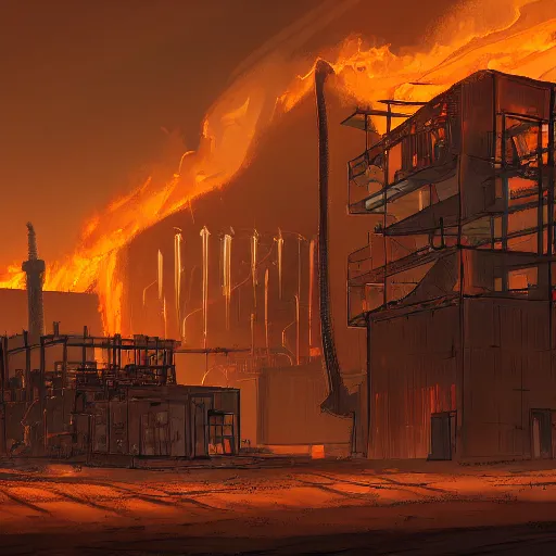 Image similar to a burning factory in the middle of a sandy desert. artstation. high-quality.