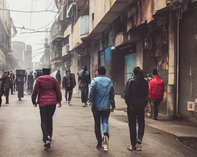 Prompt: front view of people walking down a cyberpunk street