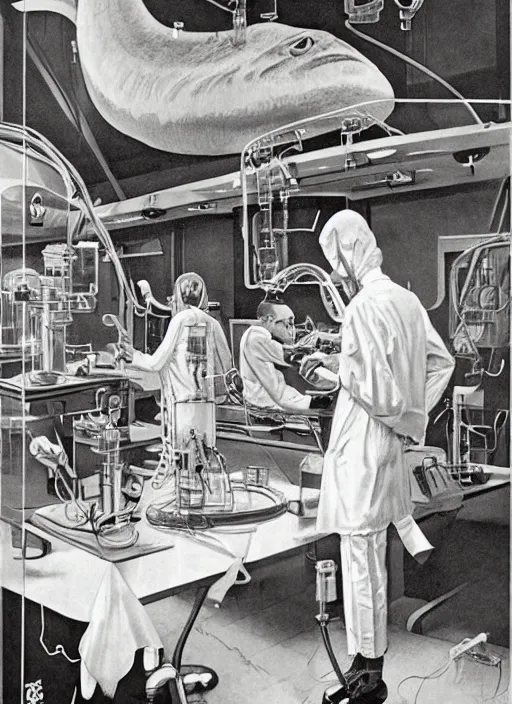 Prompt: pulp 50s illustration of scientists in a science fiction future laboratory studying a giant squid inside a glass container , by tom lovell and dean cornwell and norman rockwell, photoreal, character concept art, artstation