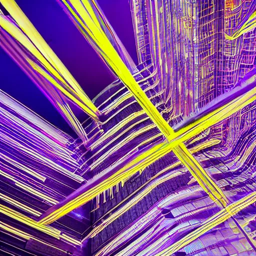 Prompt: Abstract purple images representing connected cities and buildings ,Traffic with light trails, from different perspectives interesting or unusual angles ,Perspective that looks up at buildings from below ,Evening or night cityscapes of buildings and roads from aerial or elevated view ,Evening or night cityscapes captured from human eye level ,Abstract facades of buildings ,Urban city view with unique angles