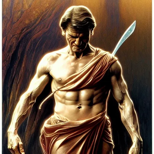 Image similar to patrick swayze as the roman god of protection!! intricate elegant, highly detailed, digital painting, artstation, concept art, smooth, sharp focus, illustration, art by ( ( ( artgerm ) ) ) and greg rutkowski! and ( ( alphonse mucha ) ), heavily influenced by frank frazetta and boris vallejo, sword and sorcery