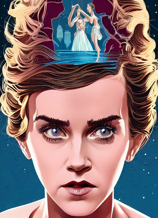 Image similar to poster artwork by Michael Whelan and Tomer Hanuka, Karol Bak Emma Watson and Kiernan Shipka in beauty pageant, from scene from Twin Peaks, clean
