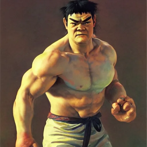 Image similar to david koechner as ryu from street fighter, painting by frank frazetta, 4 k, ultra realistic, highly detailed,
