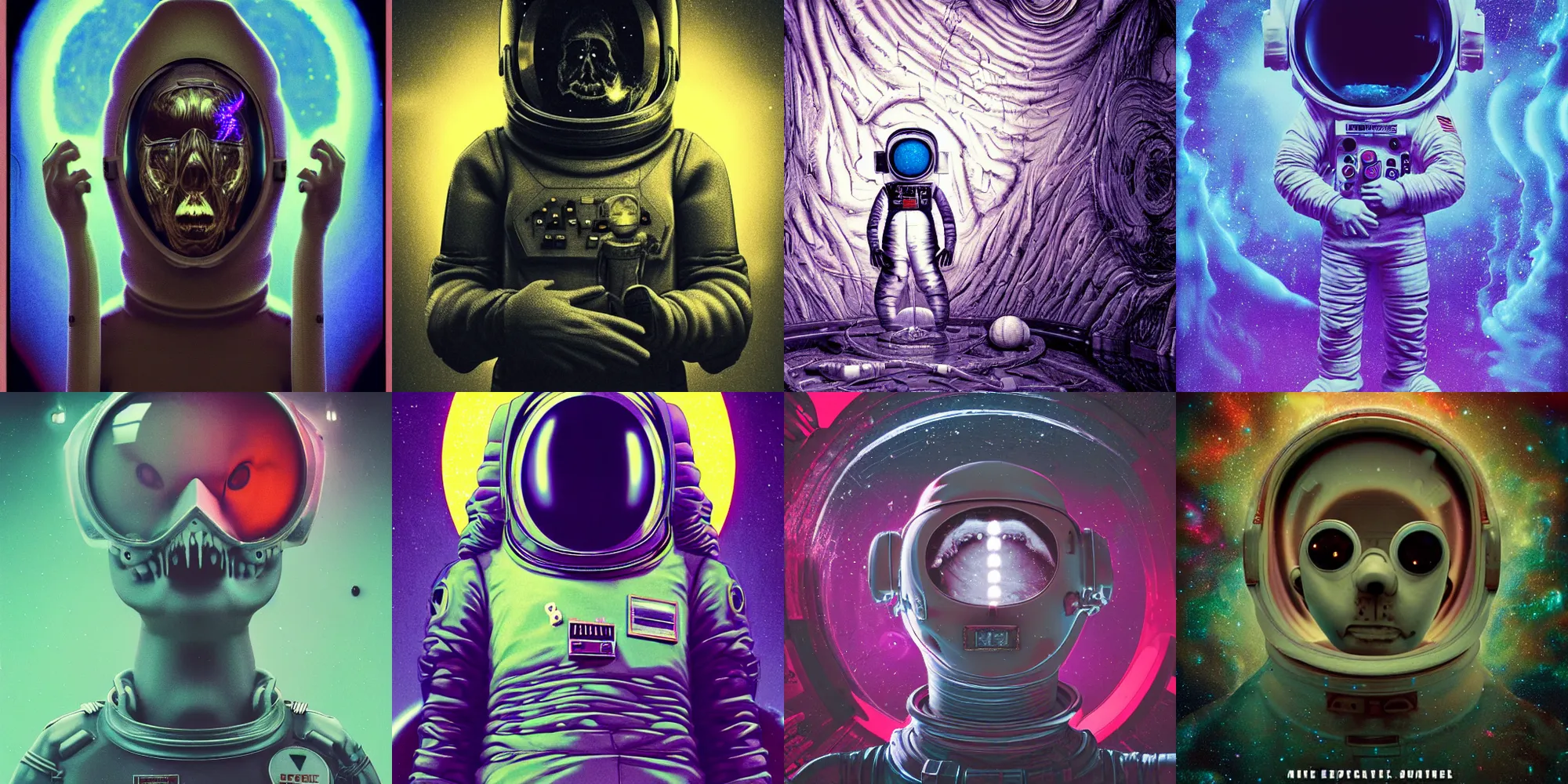 Prompt: creepy astronaut, horror poster 9 0 s, cosmic horror, abstract, ghostly, arcade, duotone, poltergeist, lets get weird, intricate, elegant, highly detailed, smooth, sharp focus, unreal engine 5, raytracing, in the style of beeple and mike winkelmann, ultraviolet colors,