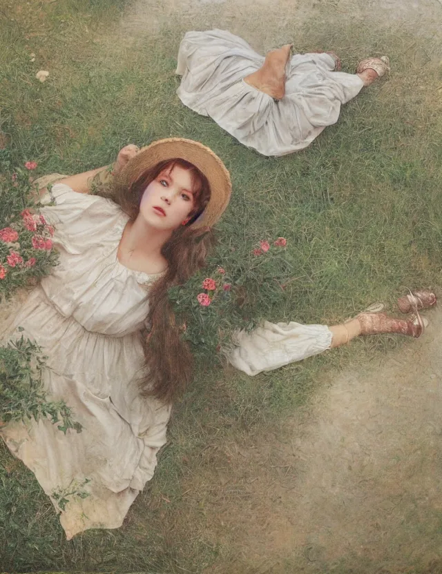 Image similar to lolita on a village, high angle view, portrait, Cinematic focus, Polaroid photo, vintage, neutral colors, soft lights, foggy, by Steve Hanks, by Serov Valentin, by lisa yuskavage, by Andrei Tarkovsky 8k render, detailed, oil on canvas