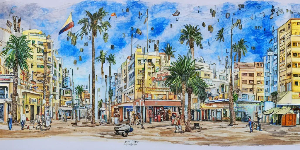 Prompt: street artists. painting of rounded bauhaus buildings in a junction in dizingof center in tel aviv. highly detailed. pen drawing painted with watercolors. colorful. low buildings. palm trees. super realistic. fluffy