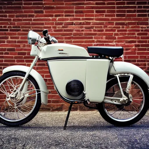 Prompt: hasselblad photo of a vintage moped, high gloss action shot, beautiful restored machinery, sharp focus dynamic lighting