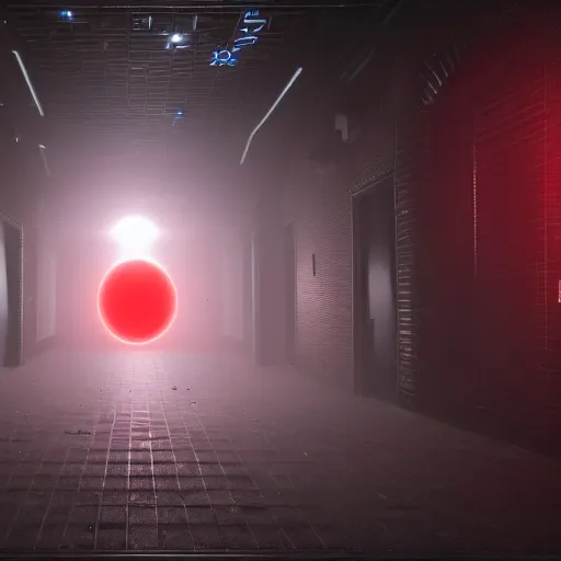 Prompt: a dark corridor with aggressive small red lights scattered and shining light on a new alien organism that arrived from Pluto, screenshot, Unreal Engine