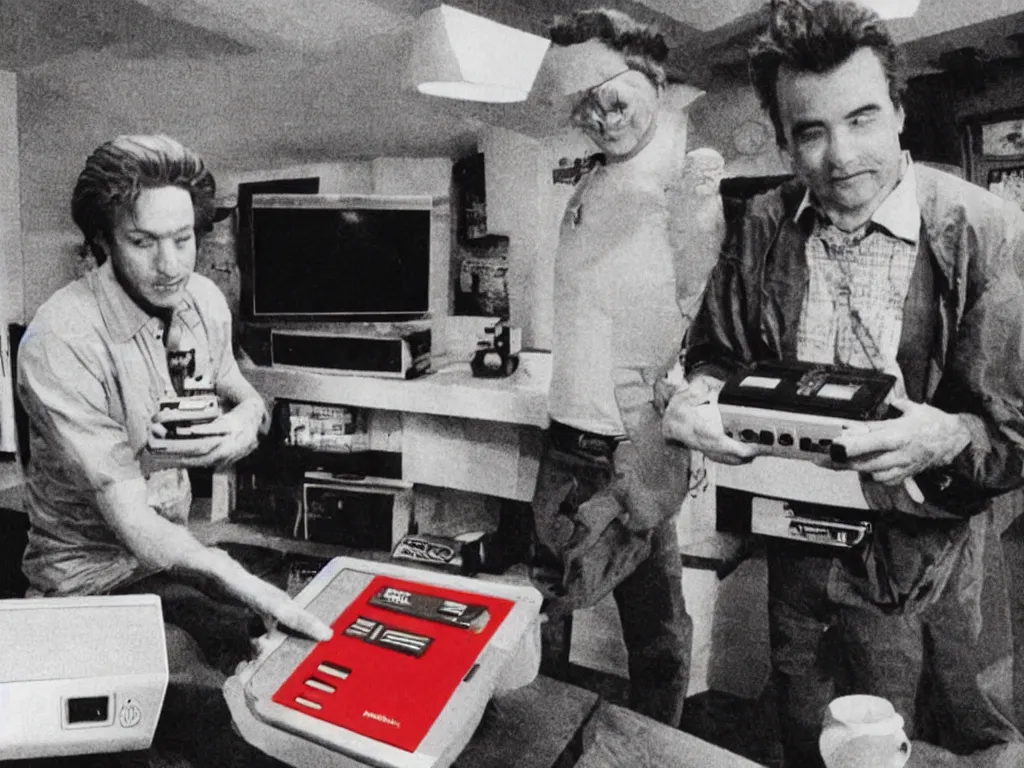 Prompt: bob from twin peaks eating a nes video console