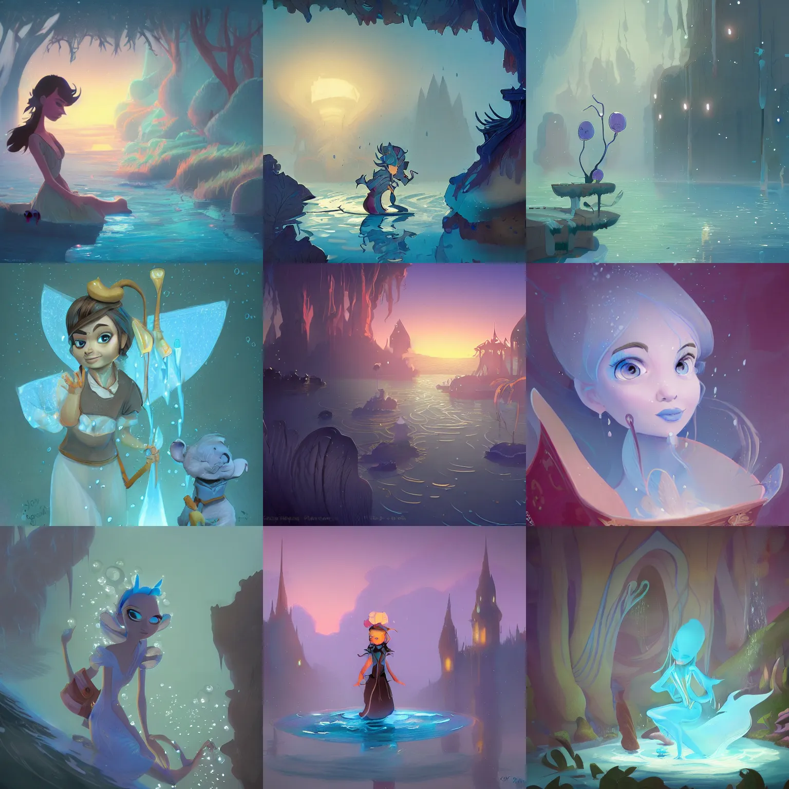 Prompt: closeup fantasy with water magic, at gentle dawn blue light, by cory loftis