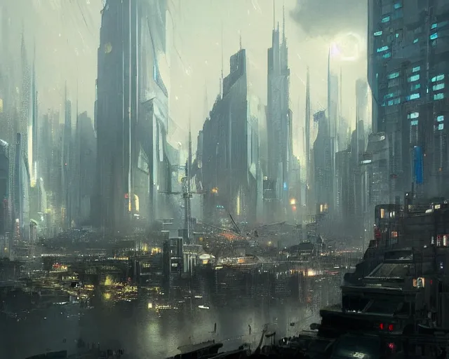 Image similar to great city being watched over by an all-seeing malevolent AI, a sci-fi digital painting by Greg Rutkowski and James Gurney, trending on Artstation, eerily beautiful, highly detailed