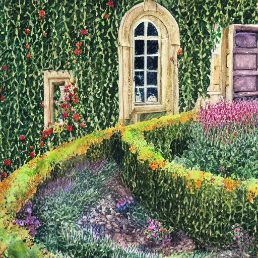 Prompt: delicate boundary walls coastline garden on paper, spirals, stony, floating, puffy, vines, botanical herbarium, botanic watercolors, iridescent, 8 k wide angle, realistic shaded, fine details, artstation, italian, rainbow, colonnade, oak, pinecone, pomegranade, vines, gardena architecture, pompeian, sicilian