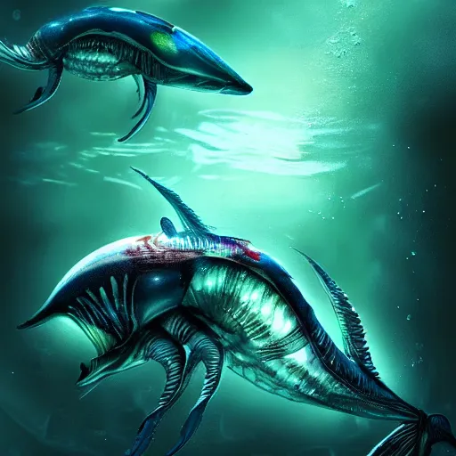 Image similar to alien fish underwater scene cinematic lighting detailed realistic painting photorealistic digital artwork