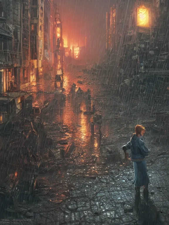 Prompt: Maggie Robertson from Resident Evil Village attacked in the wreckage city in the rain,by Tim Hildebrandt ,James Paick,Ted Nasmith, peter gric,Hugh Ferriss,trending on artstation,8k,Blade Runner 2049,ultra realistic,high detail,golden ratio,cinematic lighting,maximalist